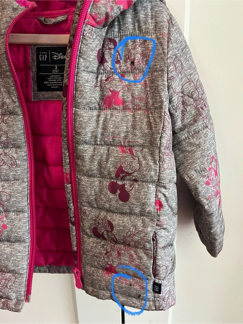 Minnie Mouse Girls' Gray Puffer Jacket with Pink Lining & Print